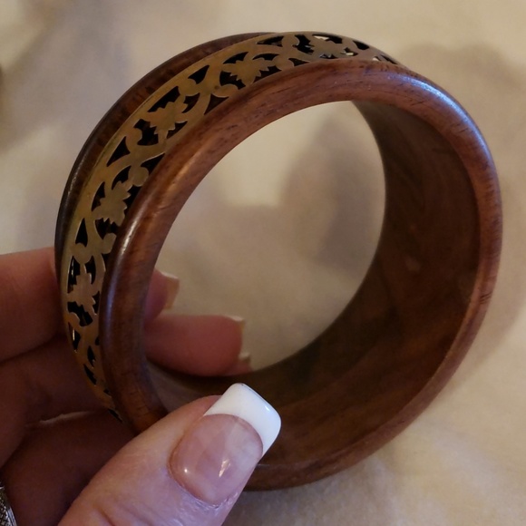 Vintage Wood & Brass Filigree Boho Bangle - Picture 3 of 4